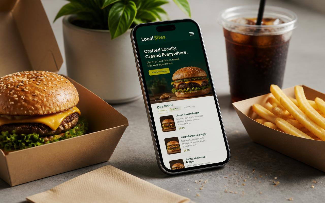 Aperçu d'un site de fast-food sur téléphone à côté d'un burger et de frites