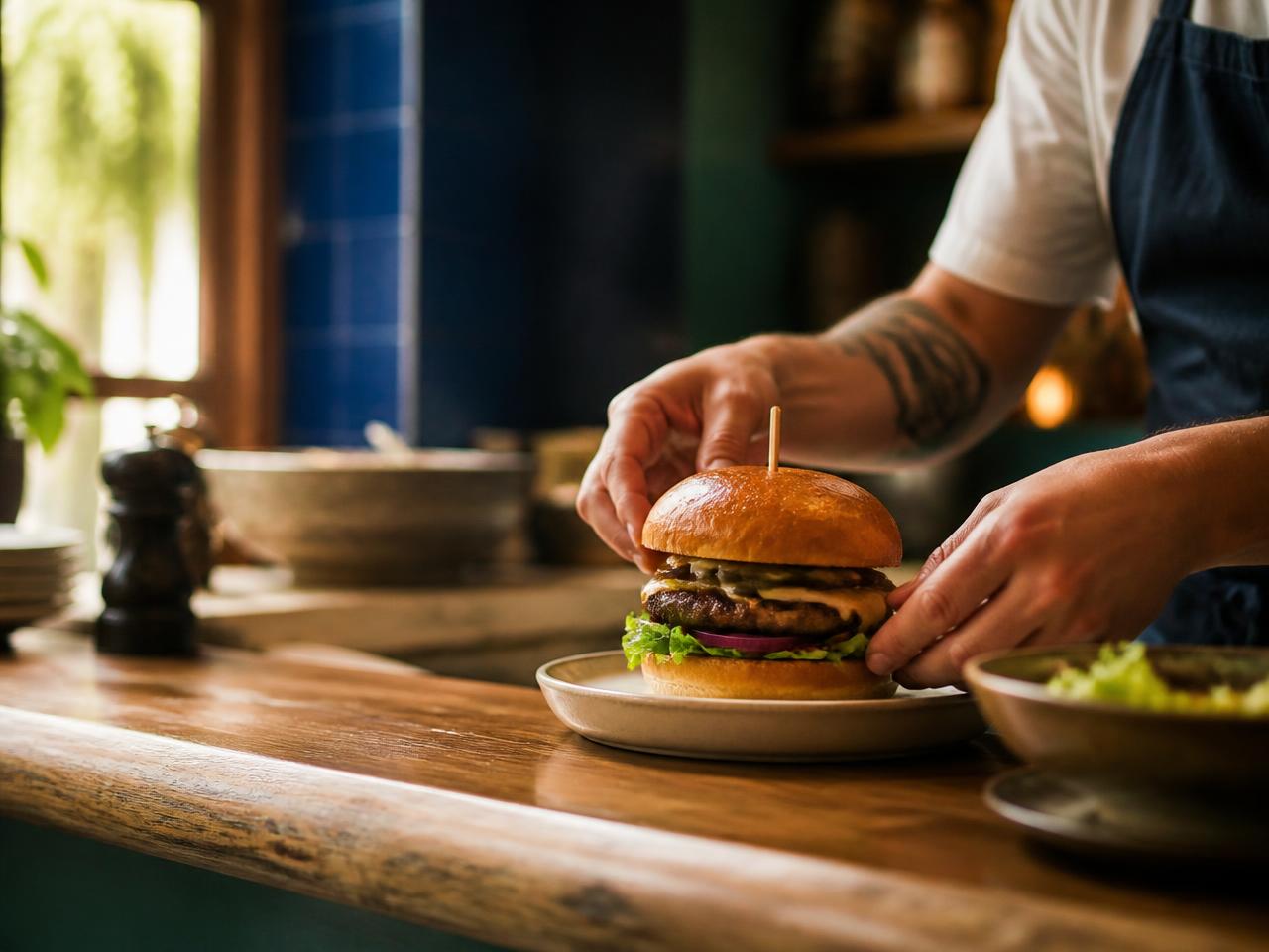 Cuisinier dressant un burger sur le comptoir d'un restaurant local